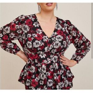 Torrid Black Red Floral Long Sleeve V-Neck Pullover Lined Peplum Blouse Size 0x